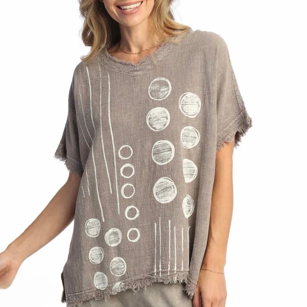 Jess & Jane Dot N Line Gauze Top Mineral Wash Cotton S Short Sleeve USA Boho EUC